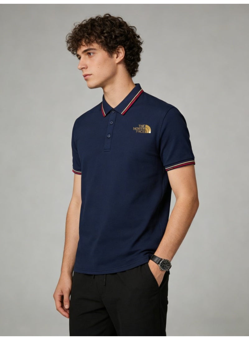THE NORTH FACE 2026 The North Face Gold Logo blue Polo shirt, high-grade beaded cotton short sleeves, striped collar and cuffs, outdoor casual men's wear. - Image 1